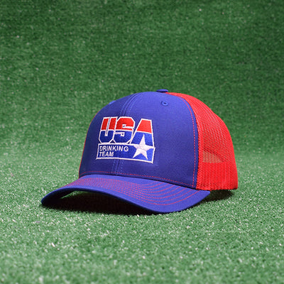 USA Drinking Team Logo Royal Blue/Red Trucker Hat