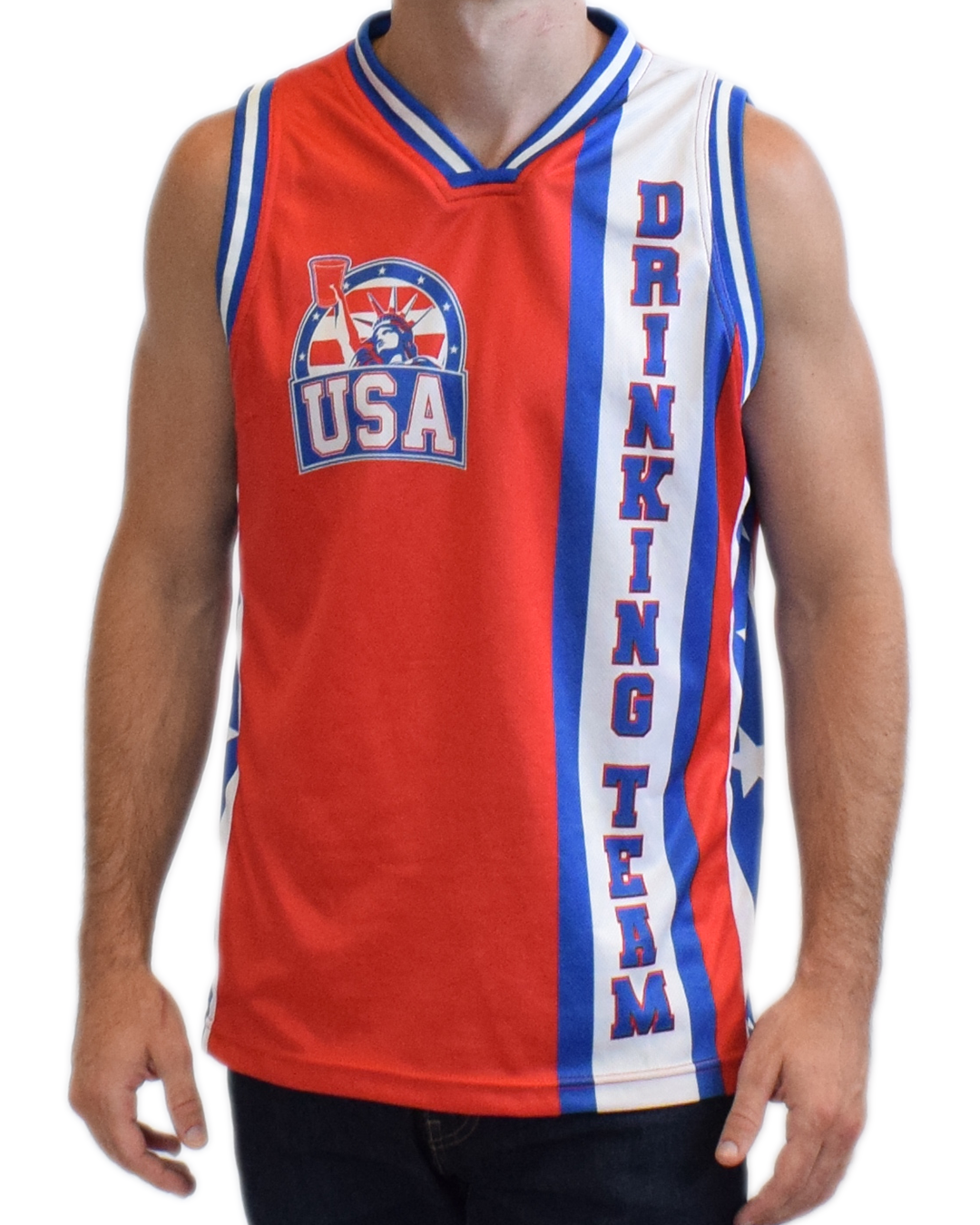 America #1 Basketball Jersey (Red, White & Blue) - USA Drinking Team